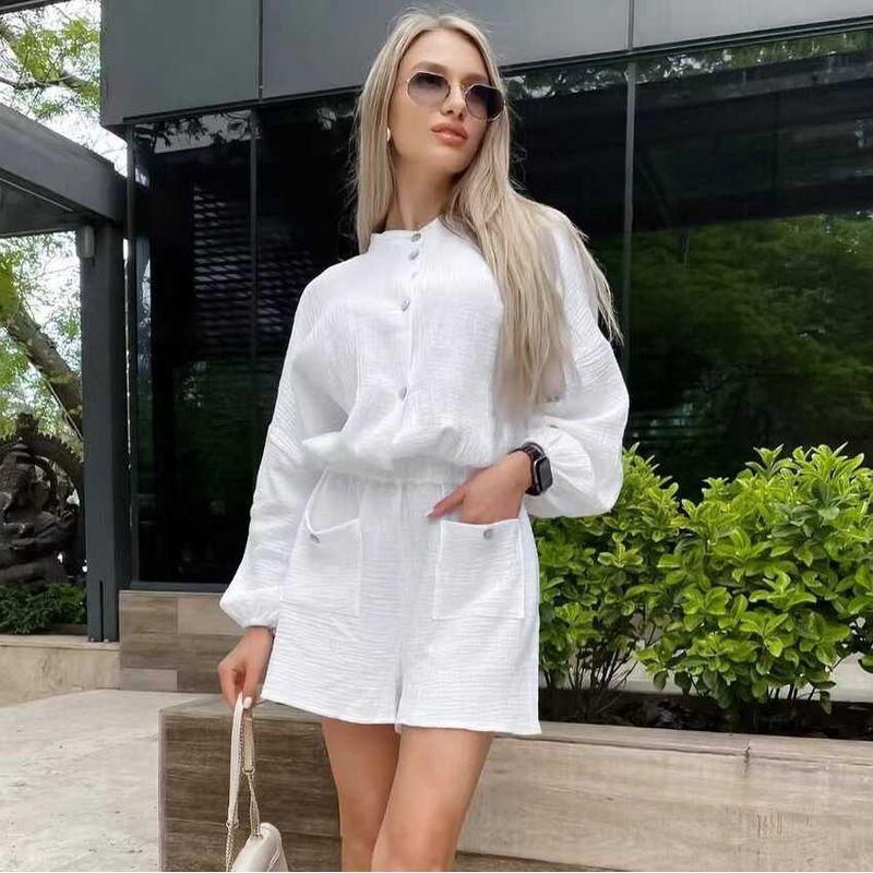 

Fashion Wind Summer Fashion Long Sleeve Loose Jumpsuit Fashionable Solid Color Jumpsuit White L