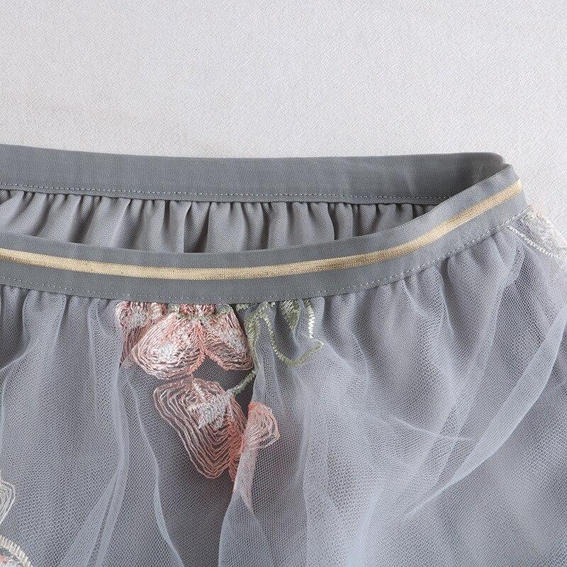 Qooth Women Embroidery Flower Tulle Gauze Skirt Elegant Sweet Midi Floral Mesh Skirt For All Season QT2185