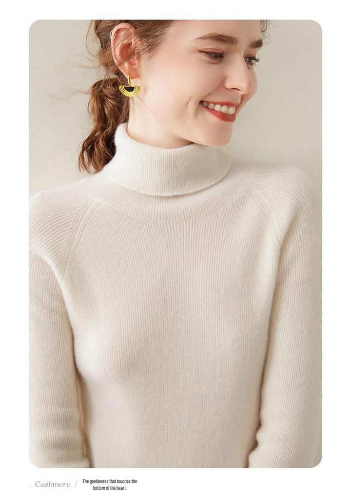 Women's Slim Fit Cashmere High Neck Ribbed Sweater – Warm Knit Base Layer Pullover