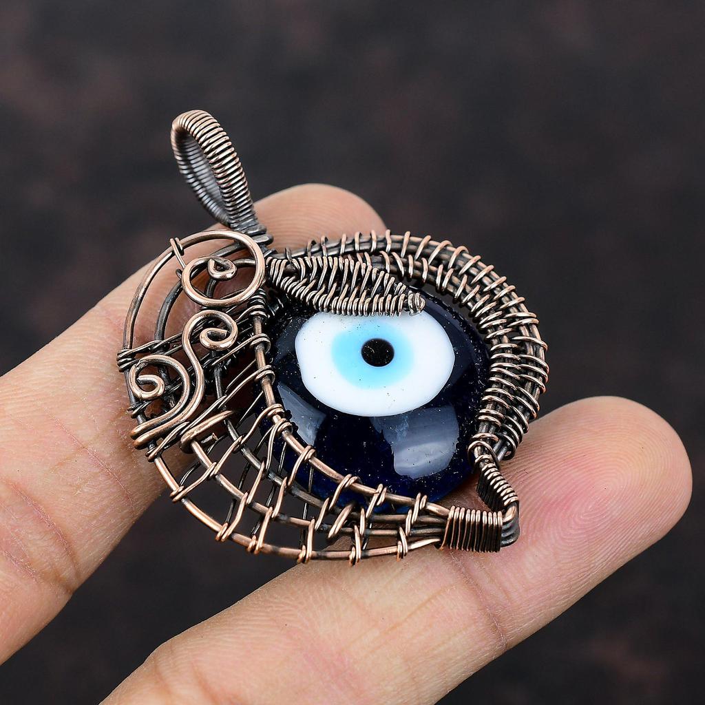 Blue Color Evil Eye Pendant Copper Wire Wrapped Gemstone Pendant Evil Eye Jewelry Handmade Amazing Pendant Copper Wire Wrap Jewelry For Gift