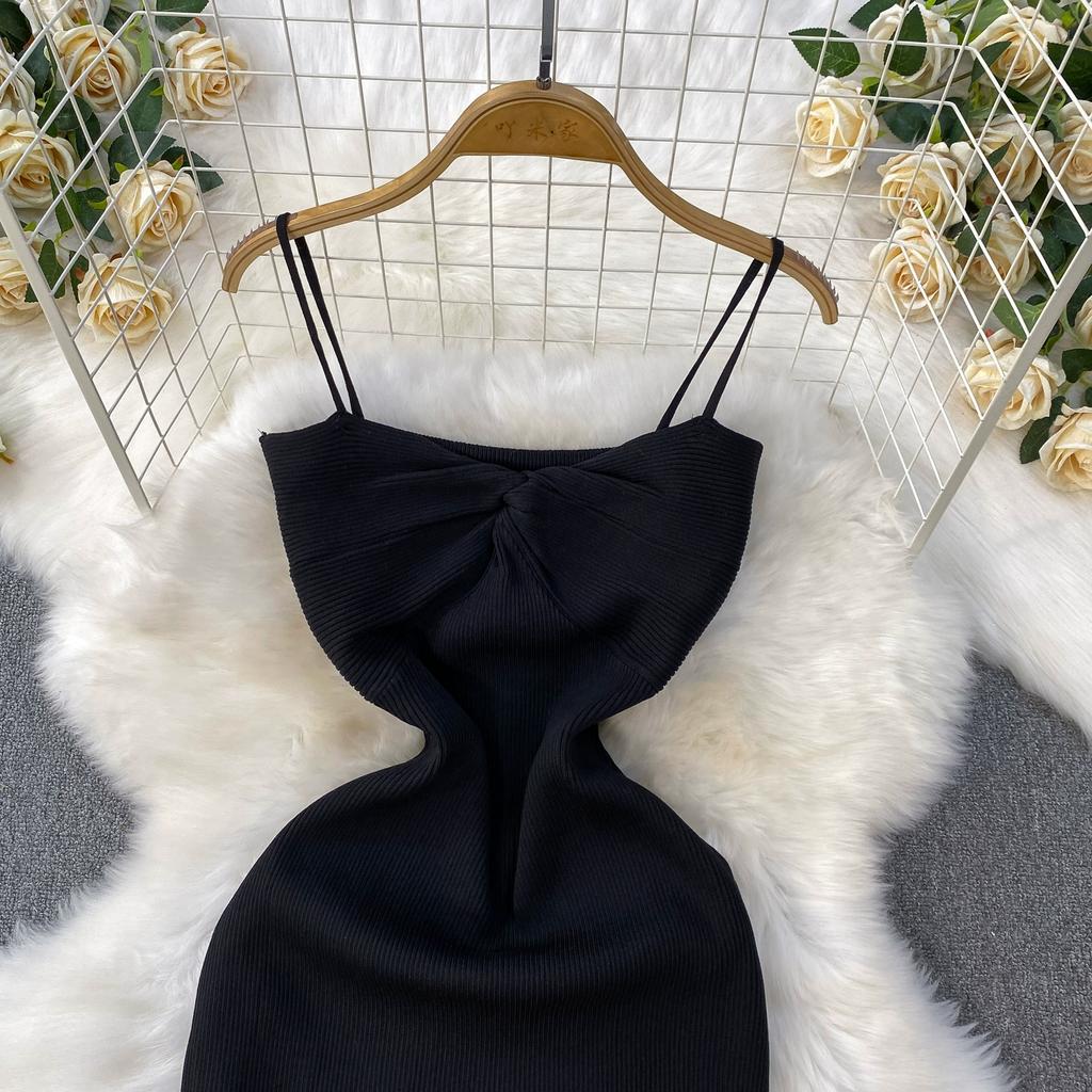 Summer Women Sexy Spaghetti Strap Knitted Sweater Long Midi Home Chic Sheath Dresses