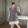 High Sense Grey Sleeveless Blazer Vest for Women Summer Lace Patchwork V Neck Tank Top Layered Outerwear Waistcoat