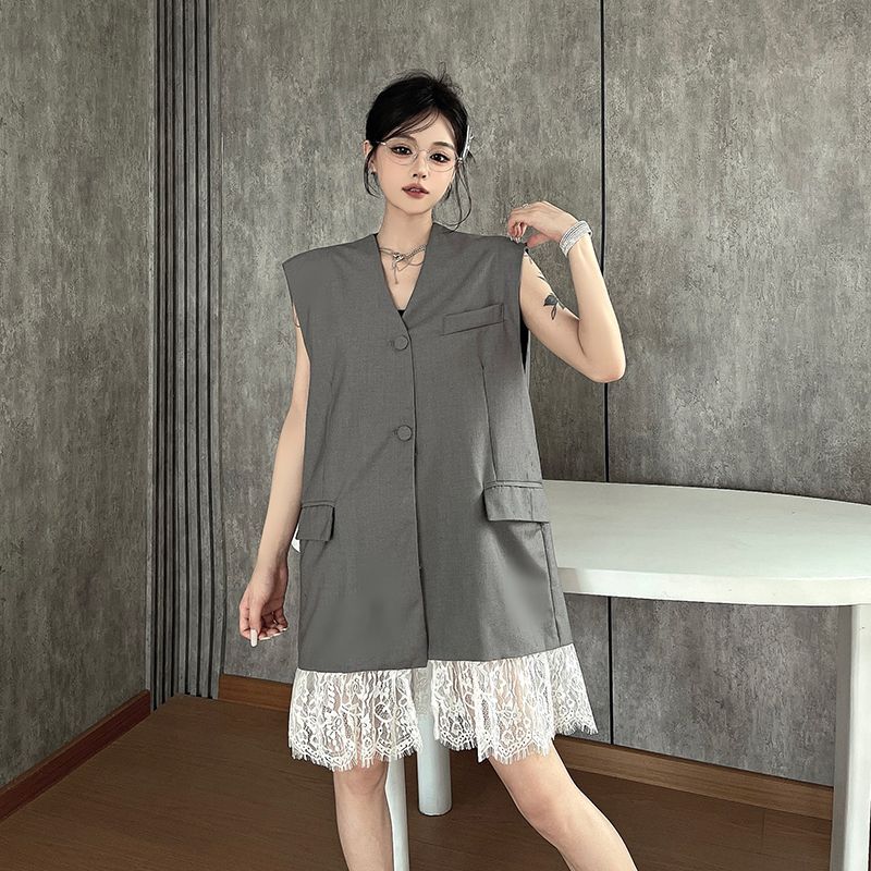 High Sense Grey Sleeveless Blazer Vest for Women Summer Lace Patchwork V Neck Tank Top Layered Outerwear Waistcoat