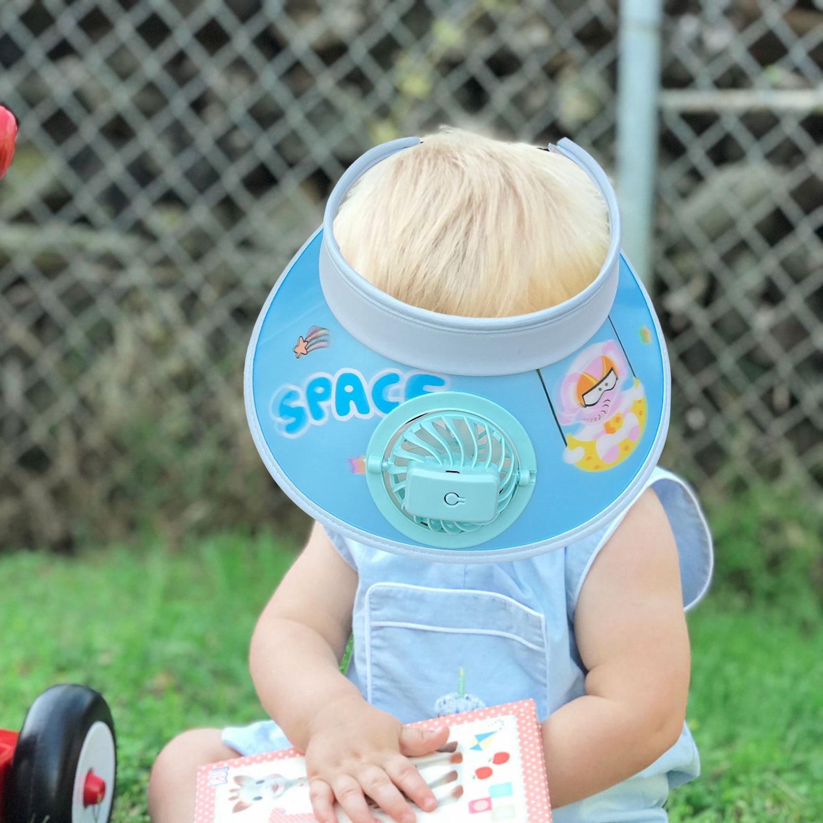 Sun Visor Hat with Fan Adjustable Elastic Band USB Charging Cartoon Casual Wide Brim 3 Speeds Sun Hat Built in Fan for Kids синий
