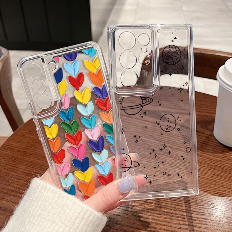 Fashion Love Heart Floral Transparent Phone Case For Samsung S24 S23 Ultra S22 S21 FE A15 A35 A55 A33 A54 A53 A25 Shockproof Clear Soft Silicone Cover
