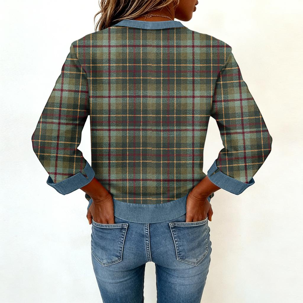 Women Denim Collar Patchwork Stitching Sweatshirt Casual  Pullover Long Sleeve Shirts