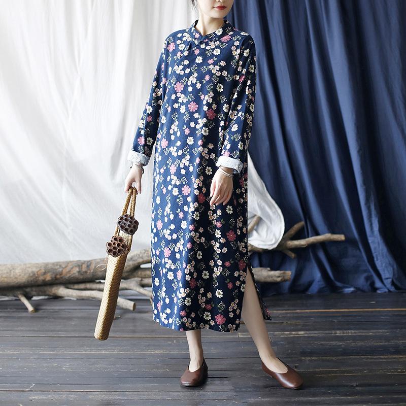 Johnature Women Chinese Style Dress Stand Long Sleeve Print Floral Autumn A-Line Vintage Women Dress
