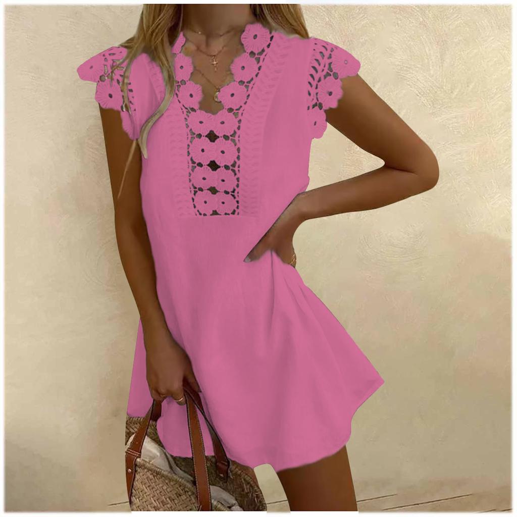 Wish Ladies Solid Color Washed Wrinkled Lace Summer Cool Dress