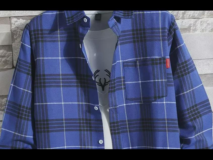 Męska koszula casual w stylu hongkońskim, w japońską kratę, modna, koreańska, z długim rękawem - Kolekcja wiosenno-jesienna