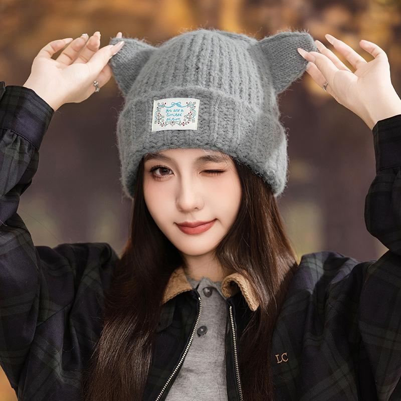 Winter Fashion Warm Wool Hat Female Cute Cat Ears Knitted Hat Warm Ear Protector Hat