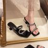 Women's fairy wind and rhinestone outer slippers summer 2025 new thin medium heel square toe cool slippers