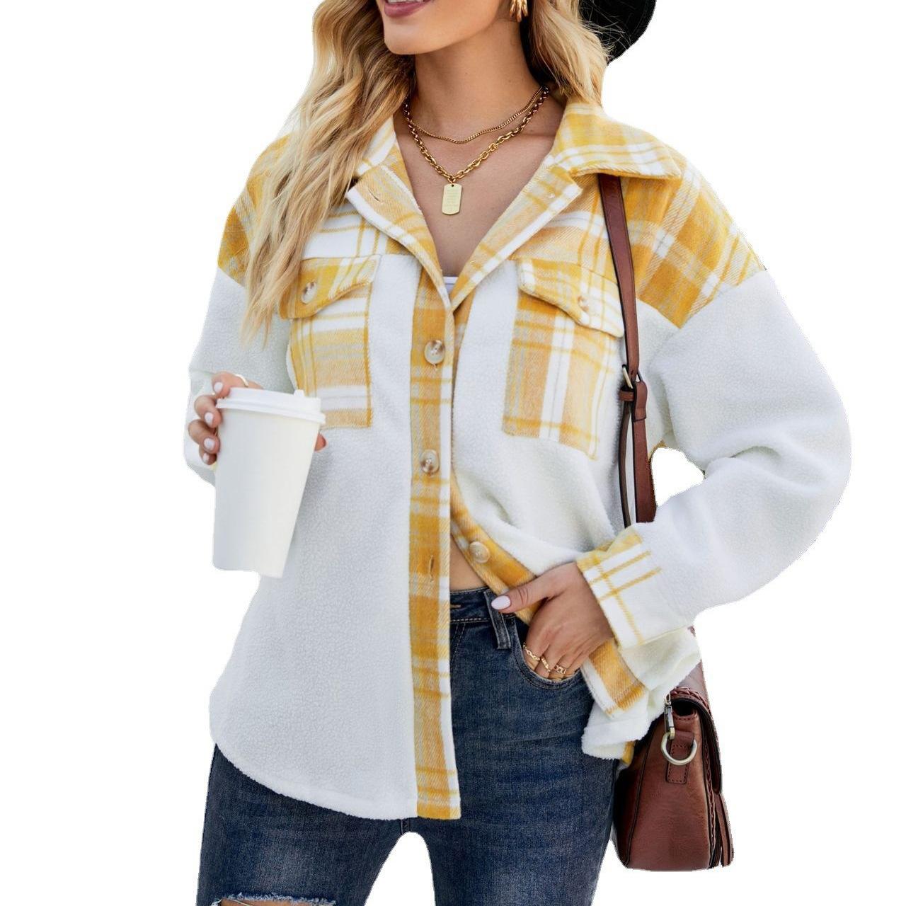 

2024 Европейская и Американская Осень И Зима Новое Шерстяное Пальто Из Ягненка С Длинными Рукавами Лоскутное Контрастные Карманы Шерстяное Пальто Для Женщин XXL жёлтый