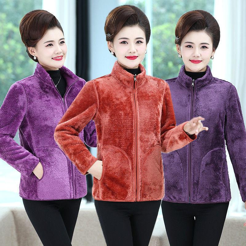 Polarový fleece Dámská nadměrná velikost Dámské středního věku a starší Zimní oblečení Plus Samet Volná Oboustranná bunda