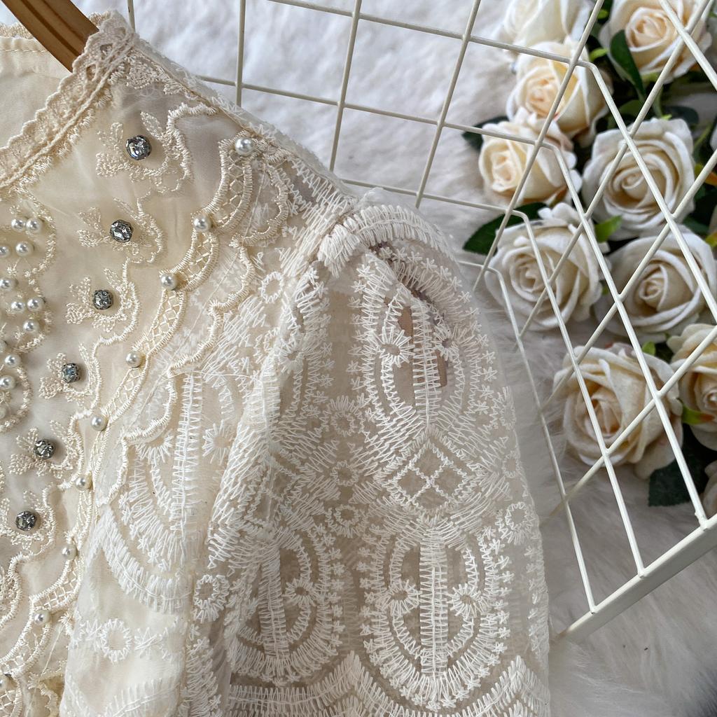 High Quality Runway Design Embroidered Beaded Round-Neck Wedding Dress for Women Summer Lace Crochet Slim Pleated Dress