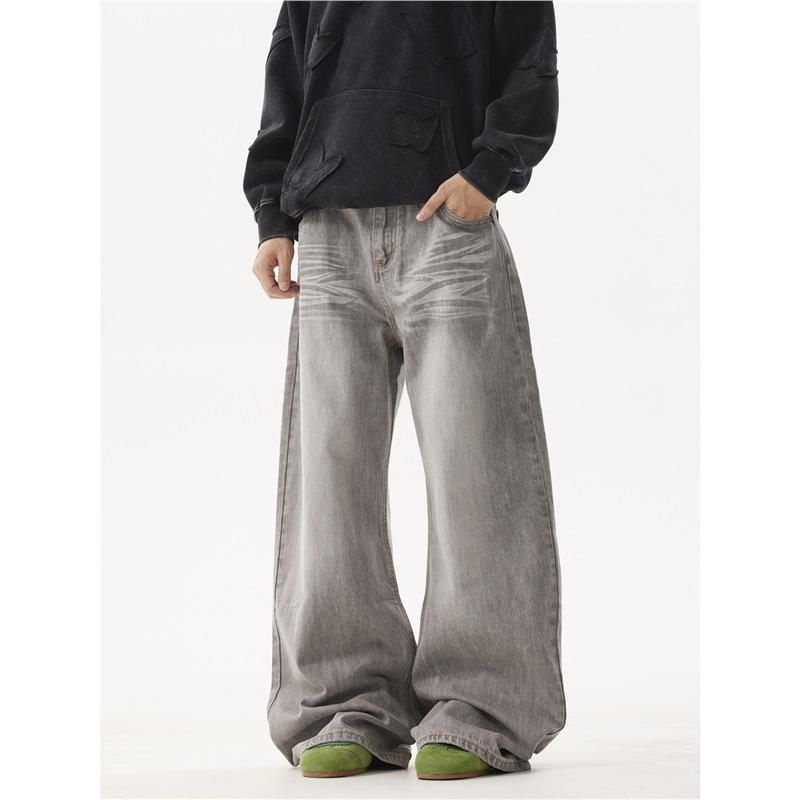 Smoke Gray American Washed Corrugated Wide-leg Jeans Men's and Women's Old Loose Drape Bf Straight Mopping Pants Slightly Pulled