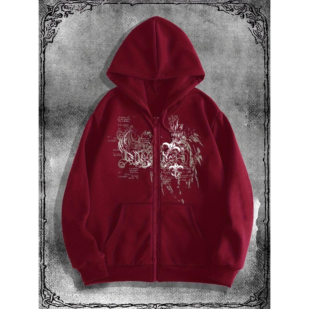Men's Unique Gothic Zipper Hoodie - Black with White Gothic Art Print, Casual Streetwear Hoodie Bold Pattern Design, Durable Fabric