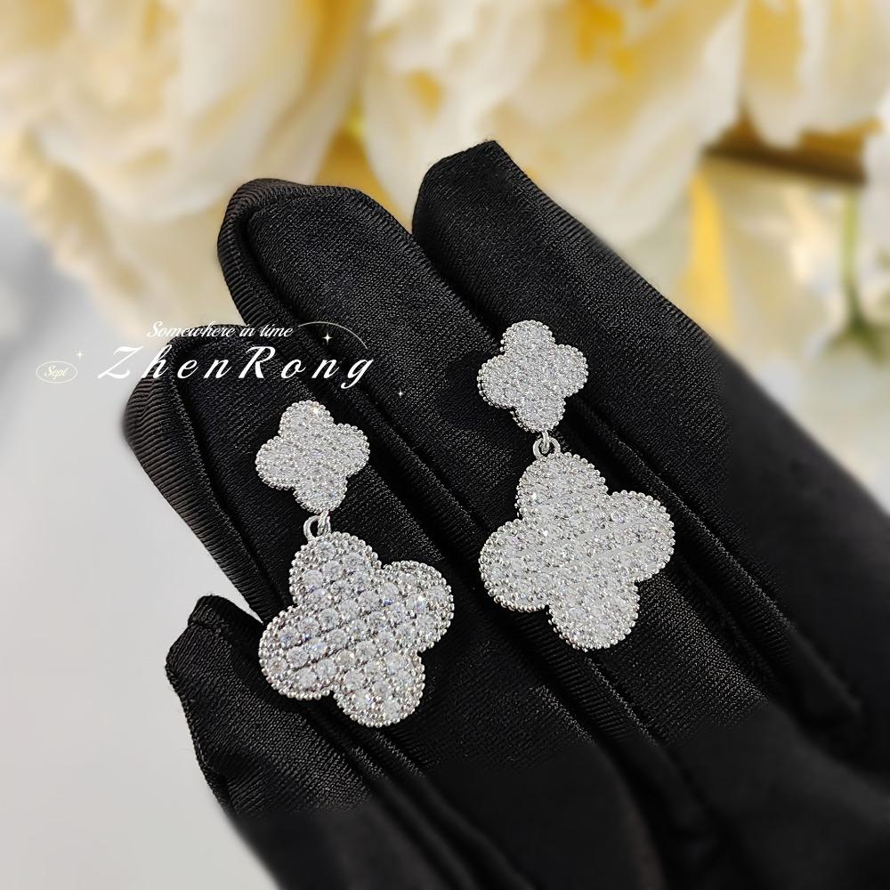 Роскошные Серьги Четырехлистник с Полным Покрытием Бриллиантами Элегантные Длинные Серьги-Подвески для Женщин Модные Украшения