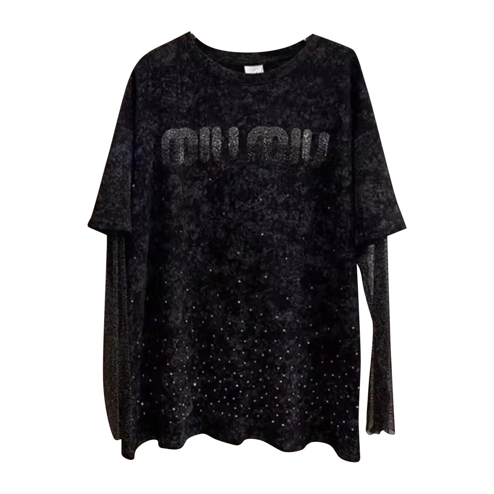 

Футболка с длинным рукавом Heavy Industry Hot Diamond Letter Sky Design Fake Two Lace для женщин XL чёрный