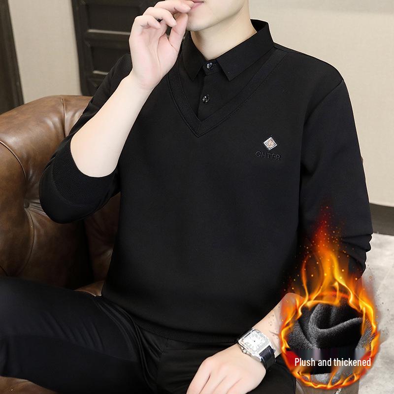 Winter 2024 Men s Patchwork Knit Sweater with Shirt Collar - Fake Two-Piece Design 2XL