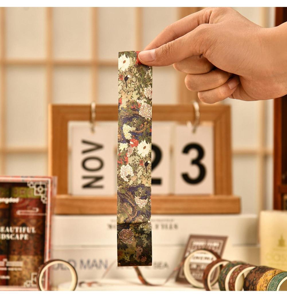 12 rolls/box Retro Landscape Washi Tape Creative Floral Mountain Crane Design Sticker Rolls Scrapbook Gift Wrapping