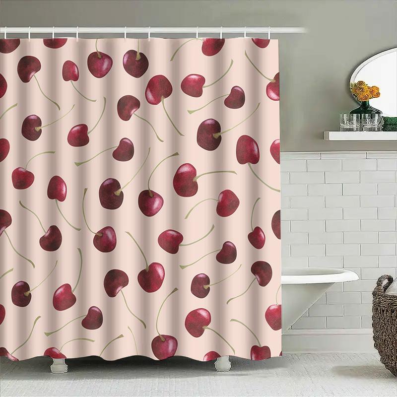 Cherry Print Shower Curtainrustic Red Floral Pattern Decor For Bathrooms Pink Background With Green Stems Waterproof Fabric Hang