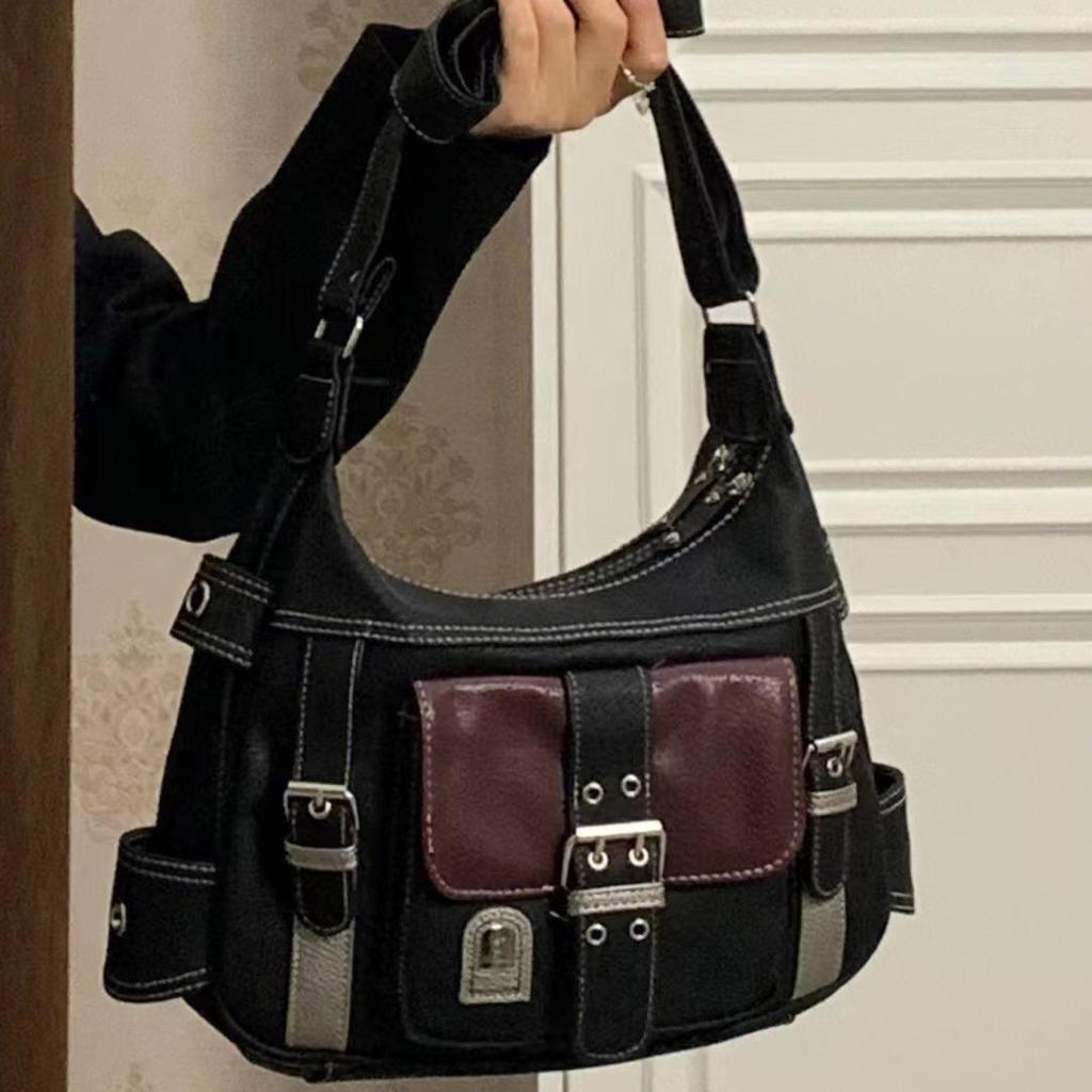 2025 Retro Vintage Y2K Soft Leather Motorcycle Shoulder Crossbody Bag for Women - New Color Block Trend