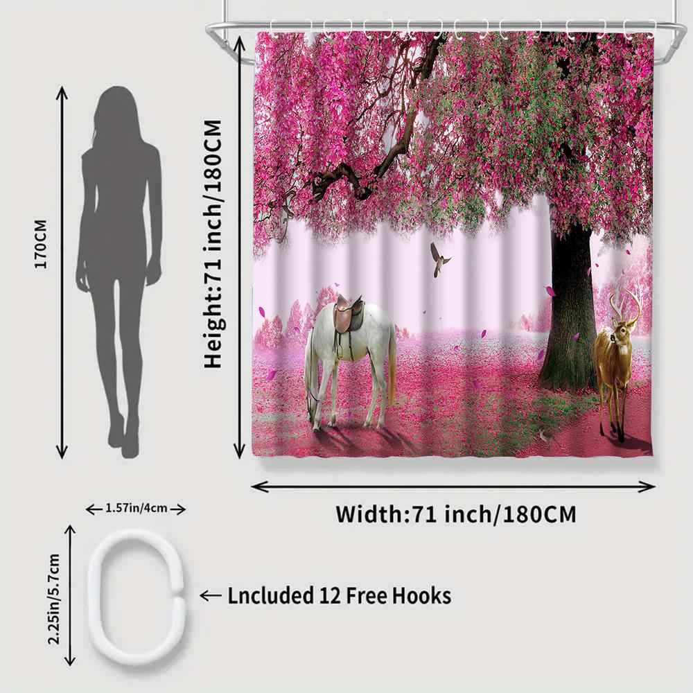 1/4 Pink Tree Shower Curtains, Toilet Seat Decoration, Shower Curtain With Carpet And Toilet Lid, 12 70.8X70.8 Inch Hooks