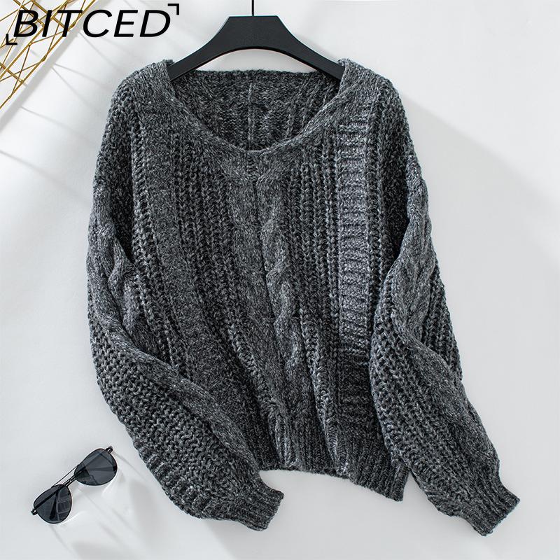 

BITCED Solid Color Cable-Knit Sweater for Women Autumn/Winter Vintage Oversized Bell-Sleeve Twisted Knit Top XL чёрный