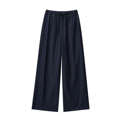 Weitbeinige Jeans für Damen im Sommer Hohe Taille Retro Klein Dunkelblau Drapierter Elastischer Bund Länge Locker Gerade Hose
