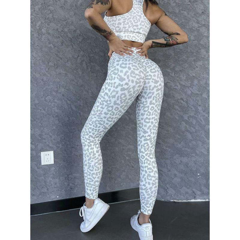 Sexy Leopard Suit Fashion Workout Bra High Waist Hip Lift Peach Pants Yoga Clothes Pants Nude Feel Breathable Quick-Drying White Leopard Print Trousers L