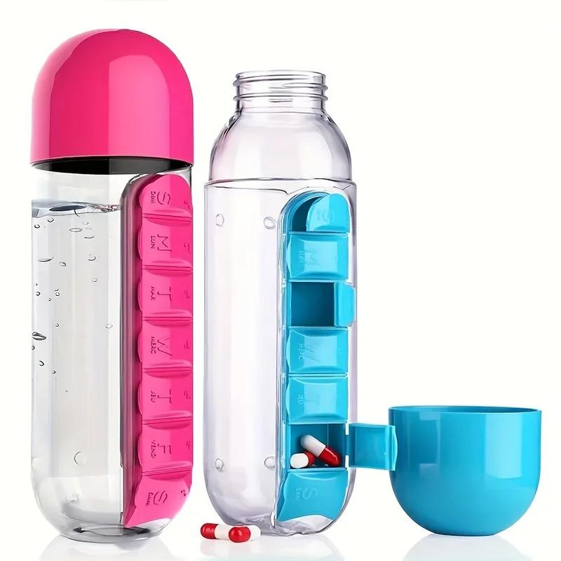 Portable Water Bottle With Built-In Pill Box For Medicines Sports Plastic Water Bottle Medicine Box Water Cup