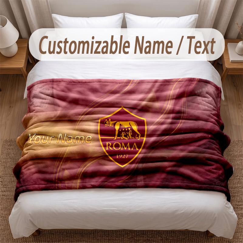 AS Roma FC Printed Flannel Blanket Custom Name Text Soft Warm Throw For Bedroom Holiday Gift