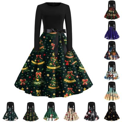 Women's Fashion Vintage Long Sleeve Round Neck Christmas Printed Party Gown Dress