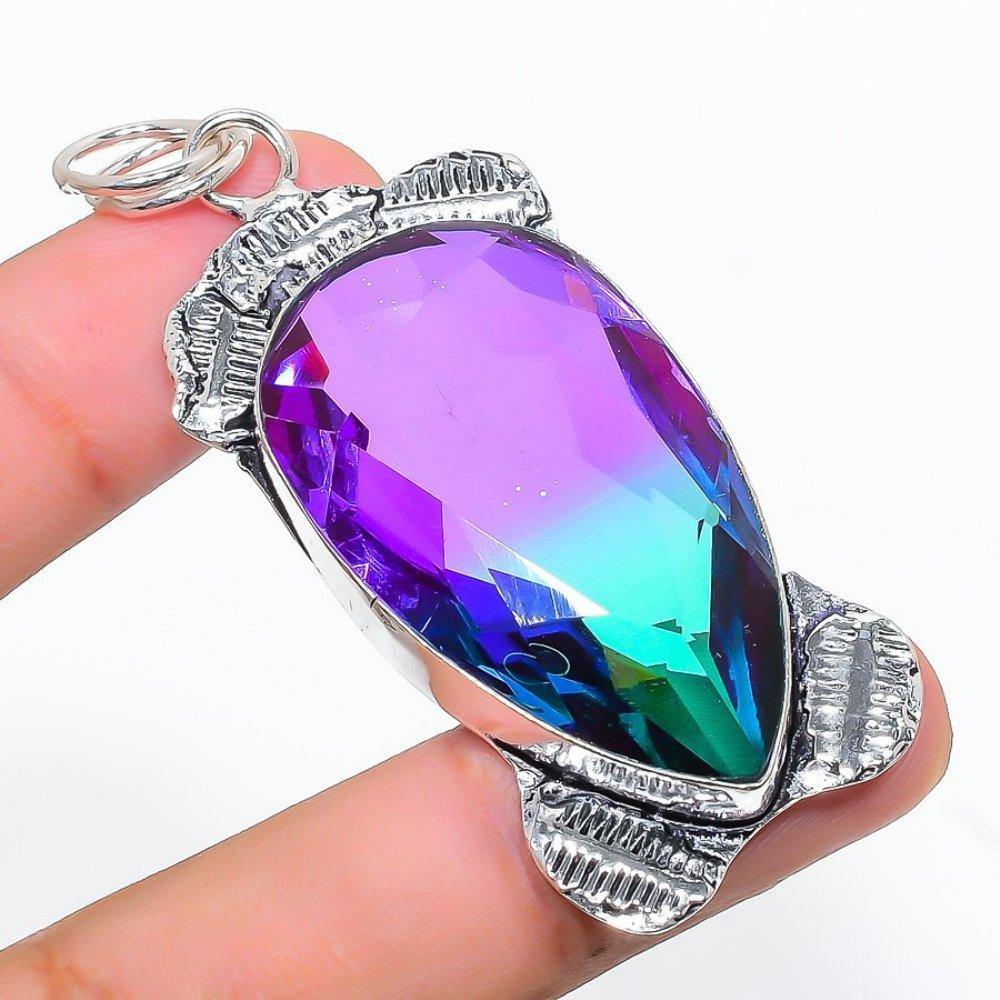 Bi-Color Tourmaline Gemstone Handmade 925 Sterling Silver Pendant 2.64" Y6Q42