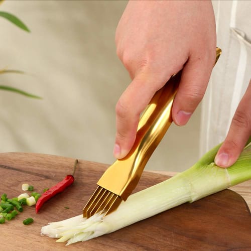 Silver Green Onion Cutter, Green Onion Slicer, Thinly Slices, Silk Knife, All Stainless Steel with Cap, Dishwasher Safe, White Onion, Vegetable, and C