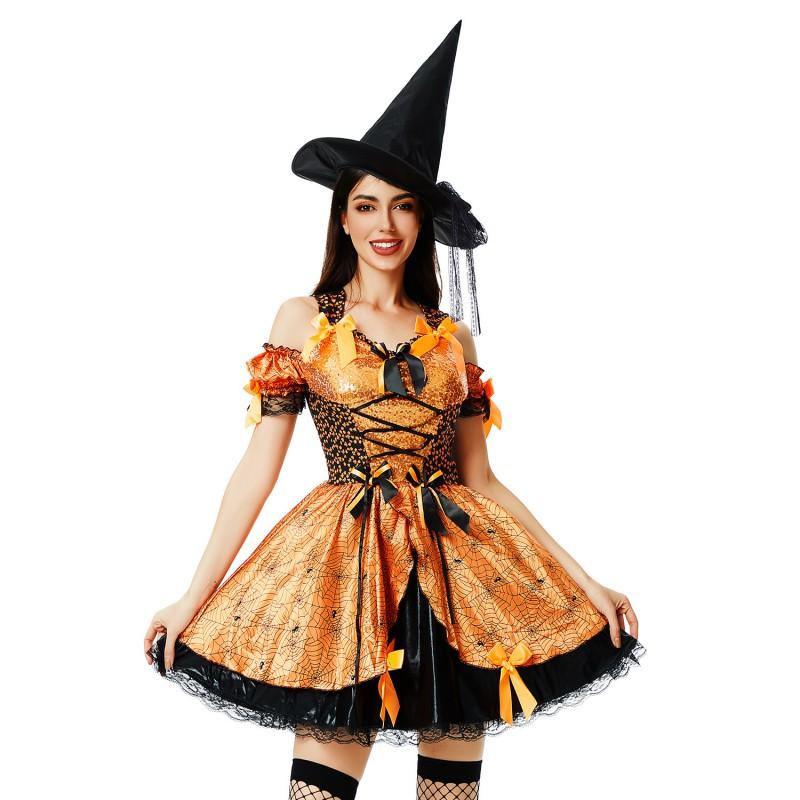 Witch Costume Women Halloween Cosplay Dress Set Sexy Gothic Party Outfit Pumpkin Theme Role Play