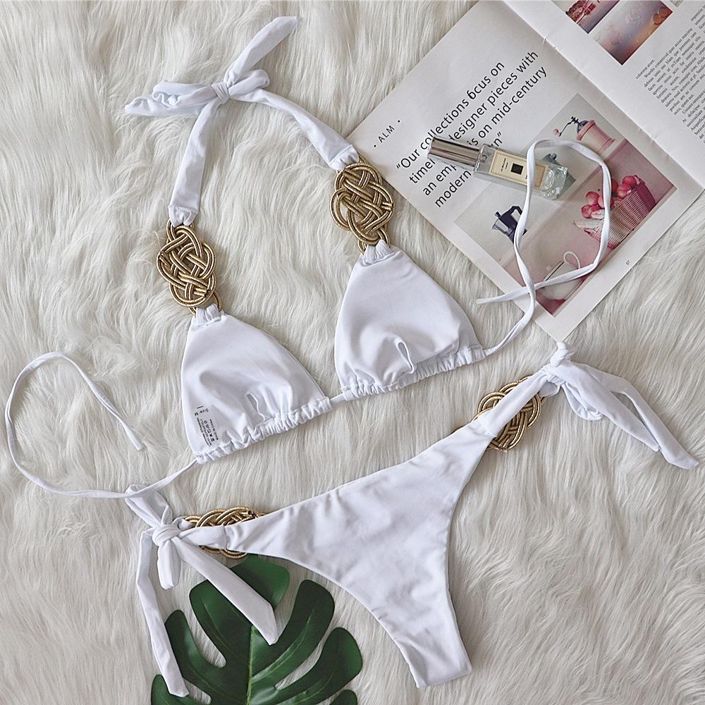 New bikini, solid color split swimsuit, sexy hand-woven women's swimsuit