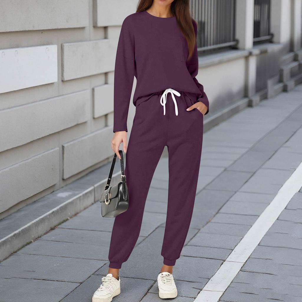 Sets For Women 2 Piece Round Neck Long Sleeve Shirts Colid Sweatpants Pocket Sets