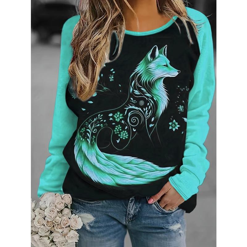 Women's Sleeves Stitching Fox Print Round Neck Long Sleeve Party Autumn Casual Pullover 3d Printing Casual Fashion Tops