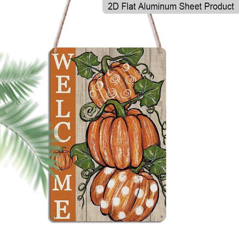 2D Flat Welcome Polka Dot Pumpkin Autumn Farmhouse Metal Sign - 8.0x12.0inch Aluminum Wall Art, Rustic Fall Harvest Front Porch Decor, Pre-Drilled