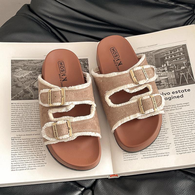 

Korean version of open-toe word with thick-soled cotton mop women wear summer new comfortable sandals double-breasted lamb wool slippers 40 абрикосовый