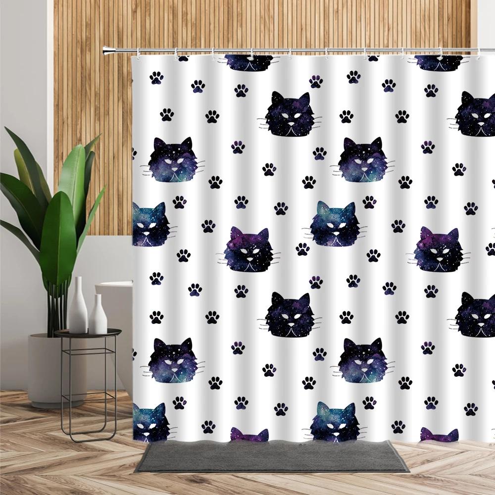 3D Cartoons Black White Cat Bathroom Waterproof Shower Curtain Simple Footprint Bathroom Curtains for Bathtub Screen with Hooks
