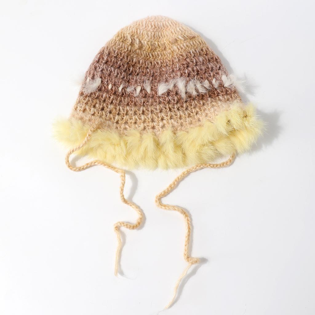 Fairy Hand-Woven Colored Rabbit Fur Knitted Hat Girl Cute Ear Protection Warm Hat Dopamine Wool Hat Tide