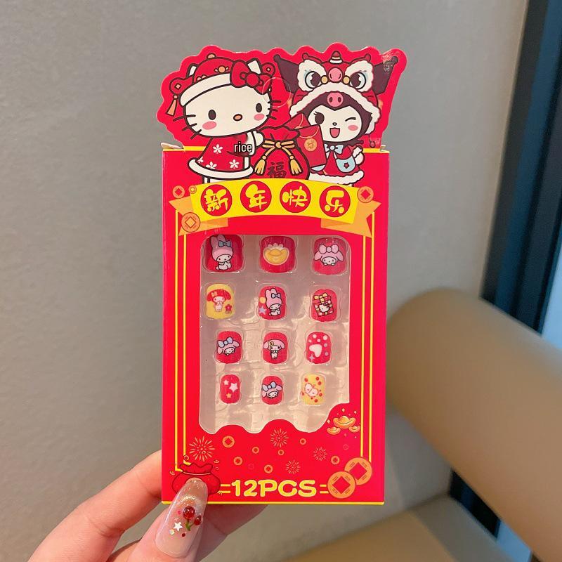 

2025 Children s Red Festive New Year Nail Stickers - Wearable Self-Adhesive Nail Art Tips for Girls, Perfect Spring Festival Gift