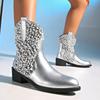 Women's Wide Width Glitter Leather Boots, Slip-On Comfort Martin Boots, Sparkly Casual Ankle Booties for Women