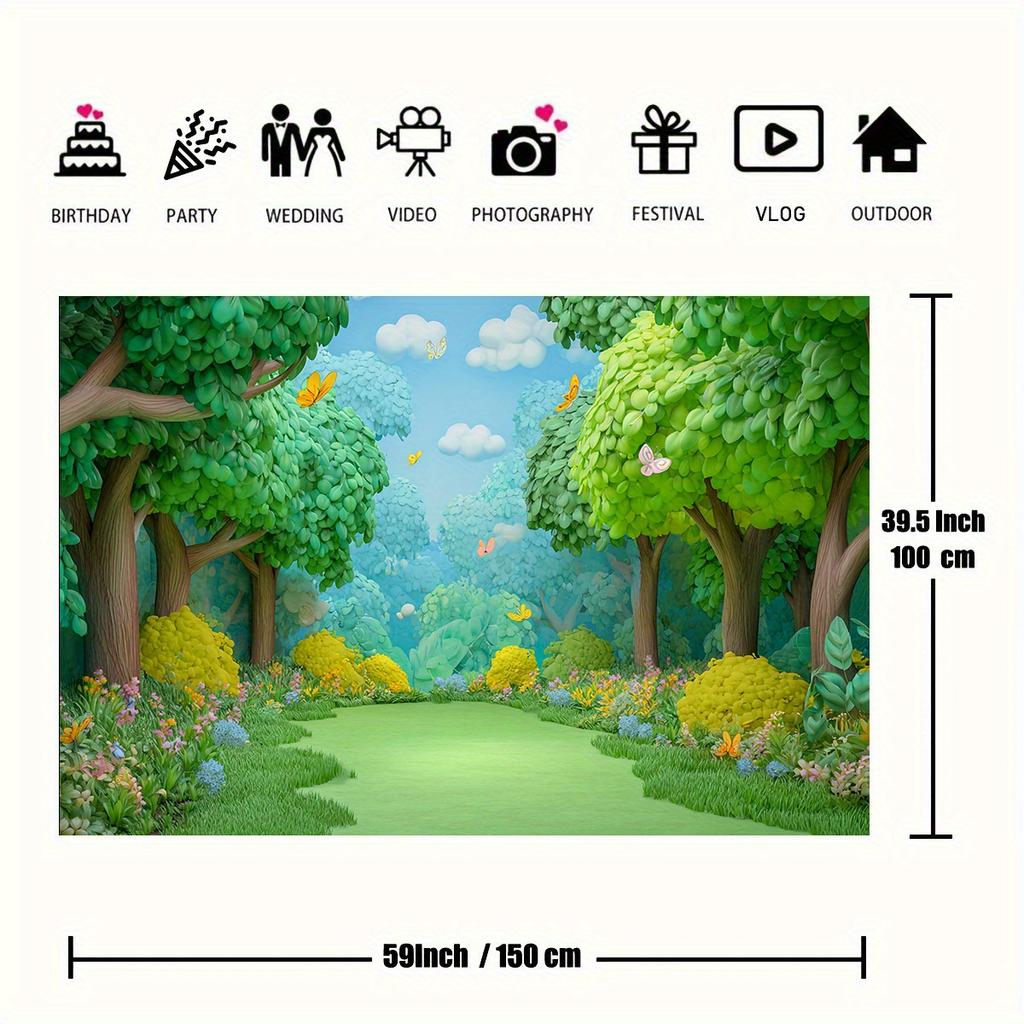 2D plane, 2D flat banner, 1 piece of forest-themed background fabric, featuring green trees, colorful flowers and butterflies