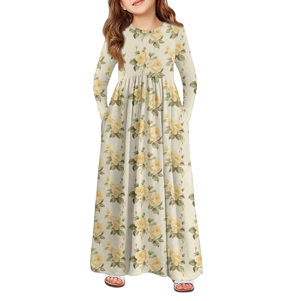 Mädchen Maxi Kleid - Langarm Taschenkleid