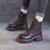 Genuine Leather Women's Shoes Versatile Round Toe Lace-up Thick Heel Short Boots