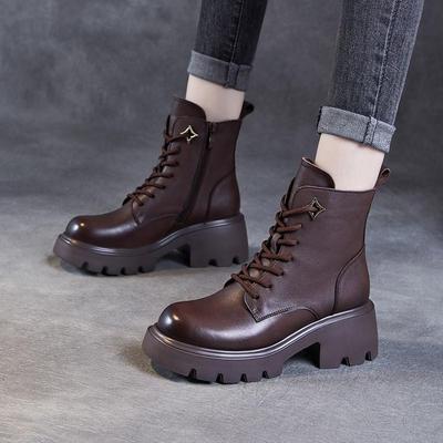 Genuine Leather Women's Shoes Versatile Round Toe Lace-up Thick Heel Short Boots