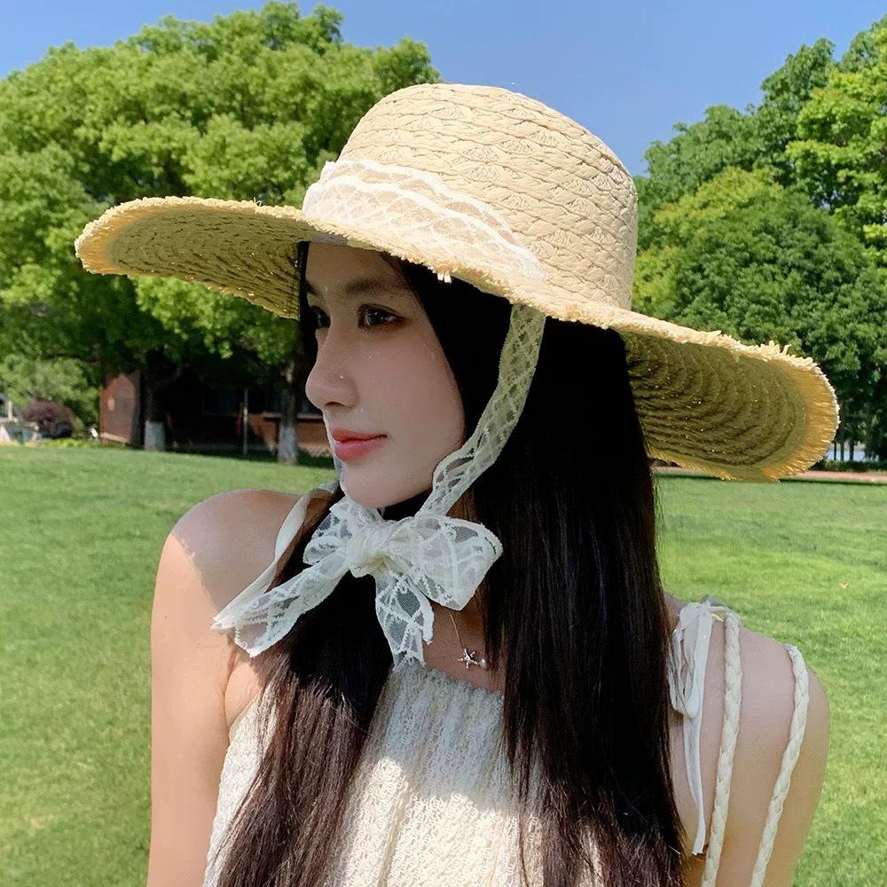 Lace lace-up woven straw hat women's summer outing big brim sun protection sun hat seaside UV protection beach hat